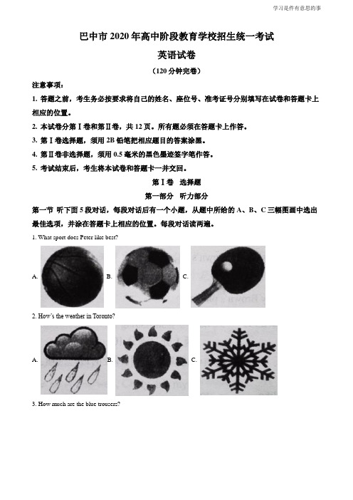 精品解析：四川省巴中市2020年英语中考试题(解析版)