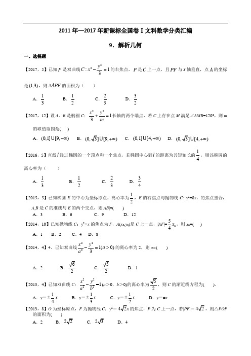 2011年—2017年新课标全国卷1文科数学分类汇编—9.解析几何