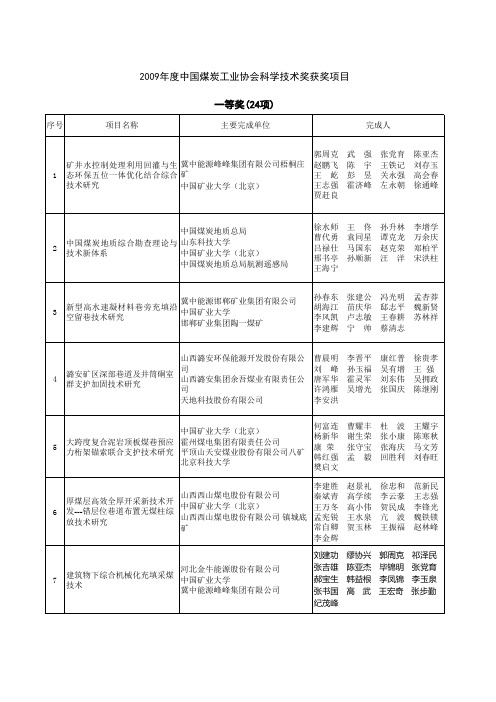 2009中国煤炭工业协会科技进步奖