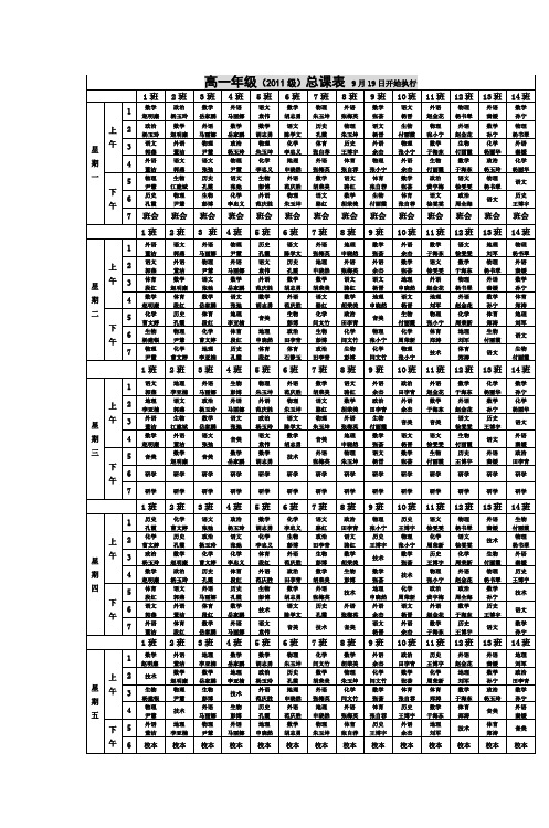 高一年级(2011级)总课表9月19日开始执行