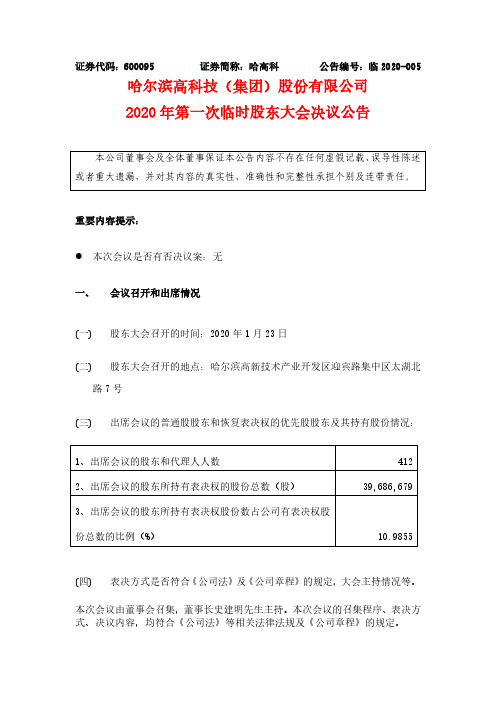 哈高科：2020年第一次临时股东大会决议公告