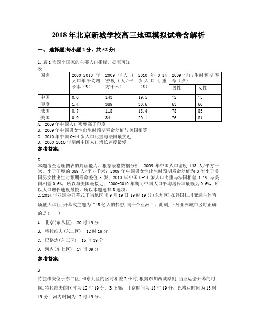 2018年北京新城学校高三地理模拟试卷含解析