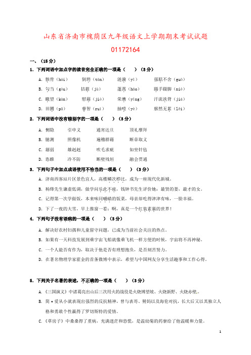 山东省济南市槐荫区九年级语文上学期期末考试试题01172164