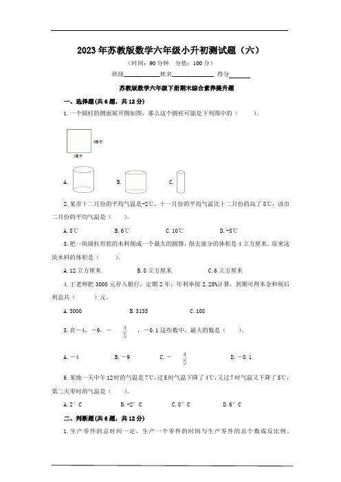 2023年苏教版数学六年级小升初测试题及答案(六)