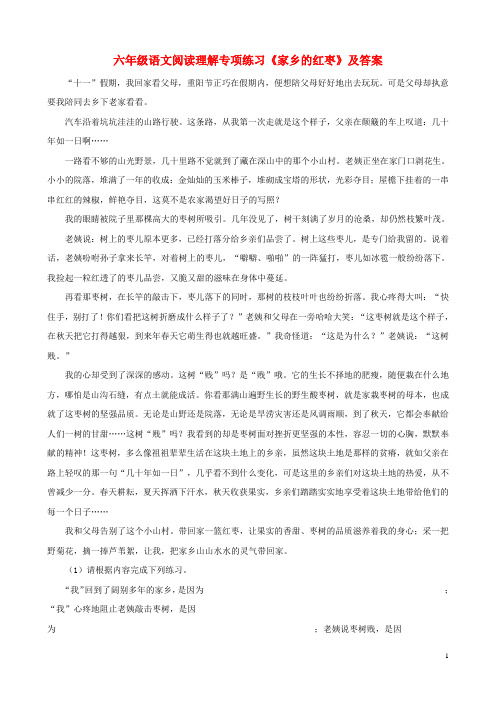 六年级语文 阅读理解专项练习 家乡的红枣