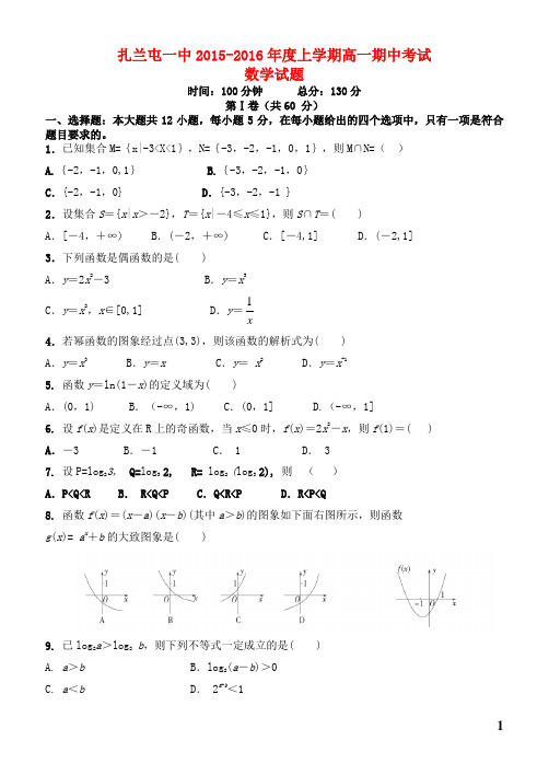 内蒙古呼伦贝尔市扎兰屯一中2015-2016学年高一数学上学.