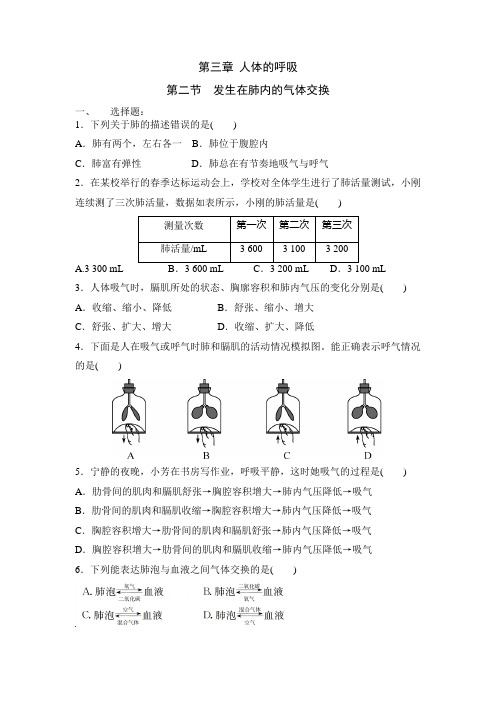 初中生物七年级下册-第二节 发生在肺内的气体交换(1)