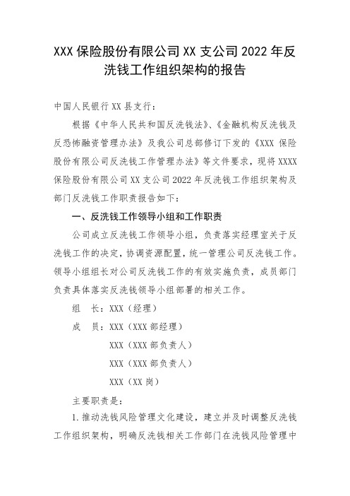 某某保险股份有限公司某某支公司2022年反洗钱工作组织架构的报告