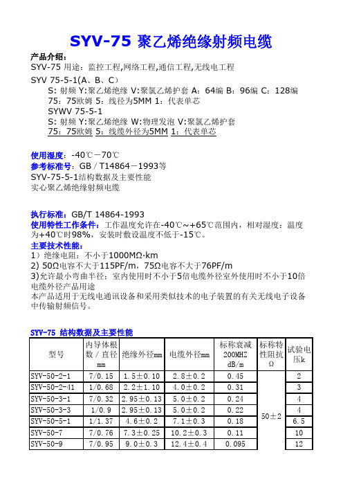 SYV-75 聚乙烯绝缘射频电缆