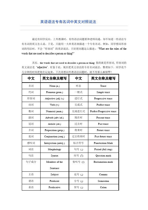 英语语法专有名词中英文对照说法