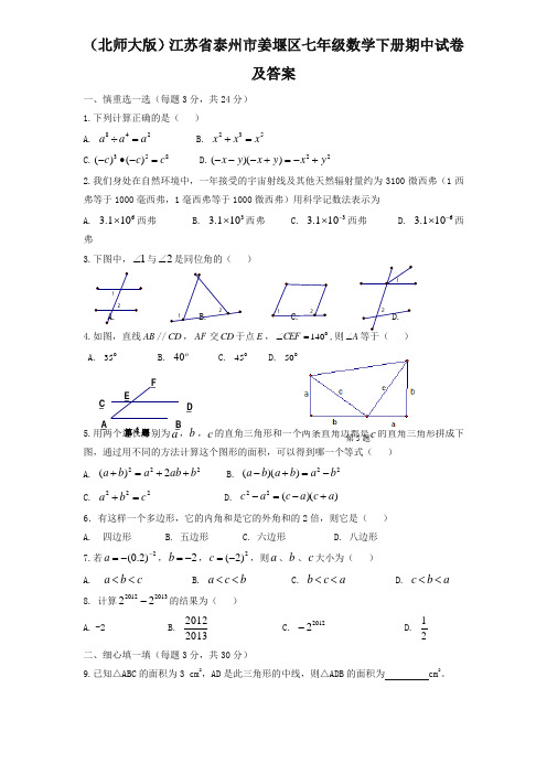 (北师大版)江苏省泰州市姜堰区七年级数学下册期中试卷及答案【精编】