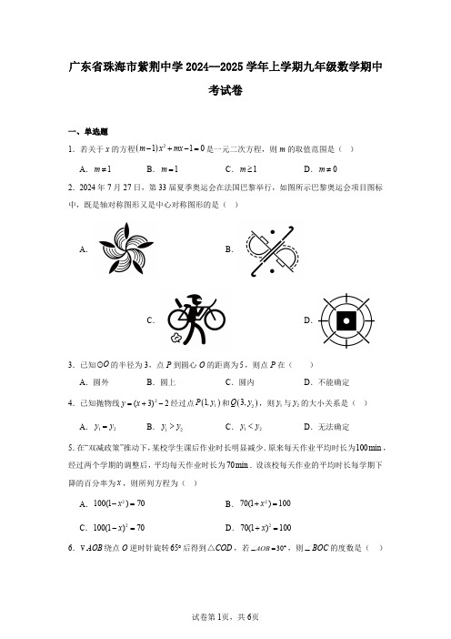 广东省珠海市紫荆中学2024--2025学年上学期九年级数学期中考试卷