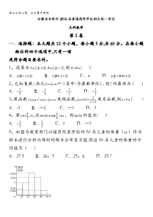 安徽省合肥市2016届普通高等学校招生统一考试数学(文)试题 含答案