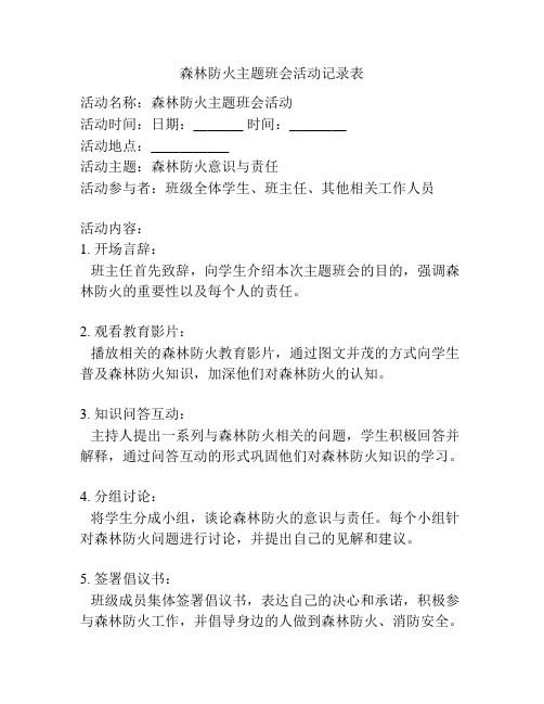 森林防火主题班会活动记录表