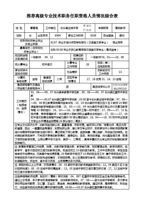 推荐高级专业技术职务任职资格人员情况综合表