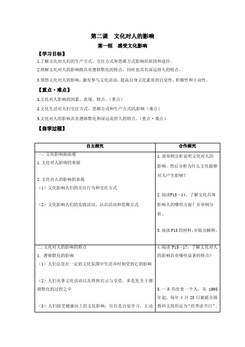 人教版高中政治必修三《文化生活》学案：2.1 感受文化影响 