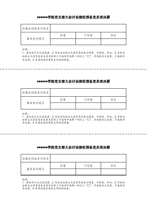 学院支部大会讨论接收预备党员表决票及票决情况汇总表