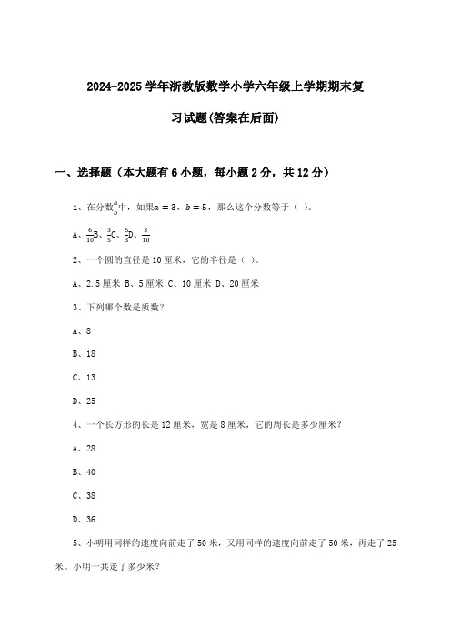 浙教版数学小学六年级上学期期末试题及解答参考(2024-2025学年)