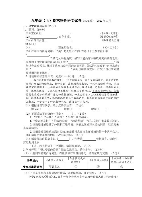 安徽省合肥滨湖寿春中学2021-2022学年九年级上学期期末考试语文试题