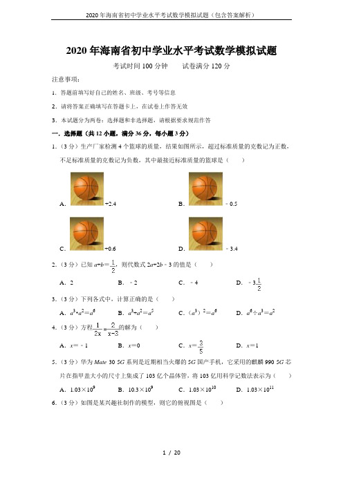 2020年海南省初中学业水平考试数学模拟试题(包含答案解析)