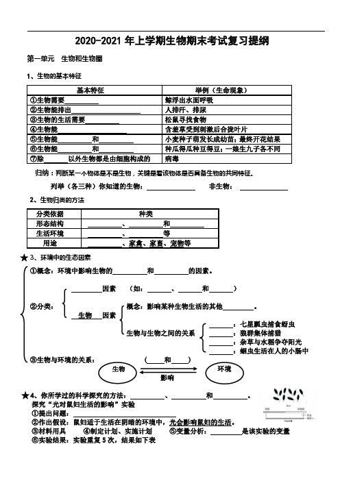 2019-2020学年人教版七年级上册生物期末复习知识提纲