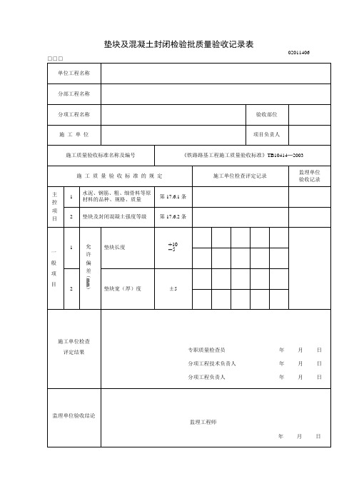 垫块及混凝土封闭检验批质量验收记录表