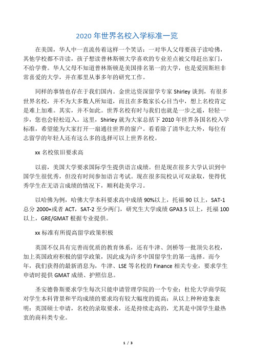 2020年世界名校入学标准一览