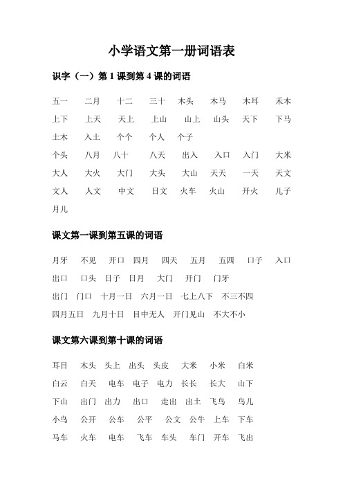 小学语文一年级上册生字词语表