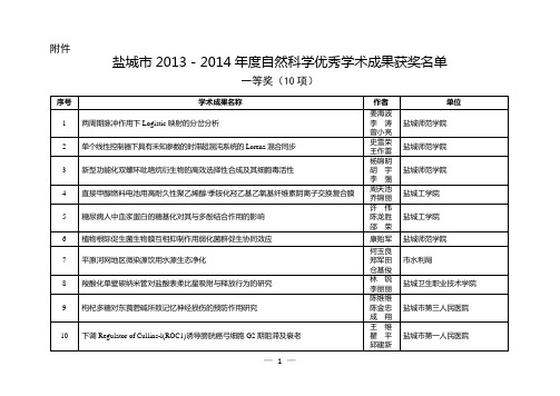 盐城市2013-2014年度自然科学优秀学术成果获奖名单