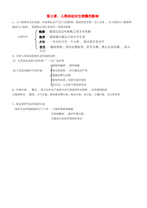 神池县第二中学七年级生物下册 第四单元 生物圈中的人第七章 人类活动对生物圈的影响知识总结新人教版