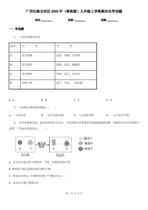 广西壮族自治区2020年(春秋版)九年级上学期期末化学试题新版