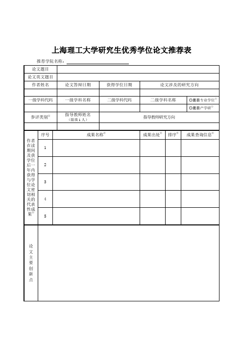 上海理工大学研究生优秀学位论文推荐表