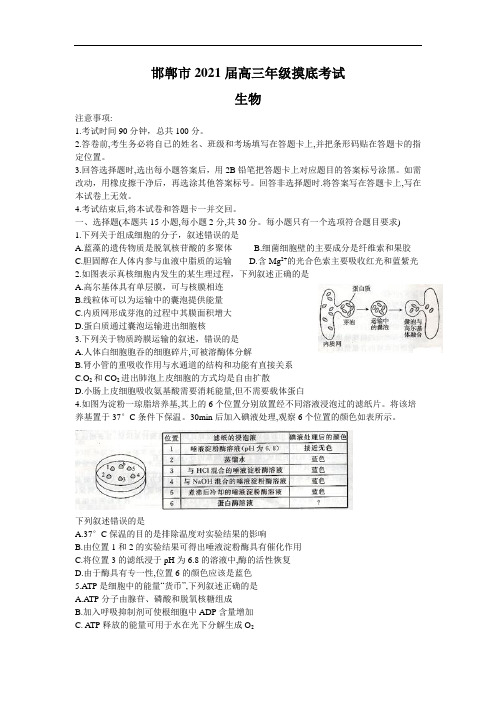 2021届河北省邯郸市高三上学期(9月)摸底考试生物试题