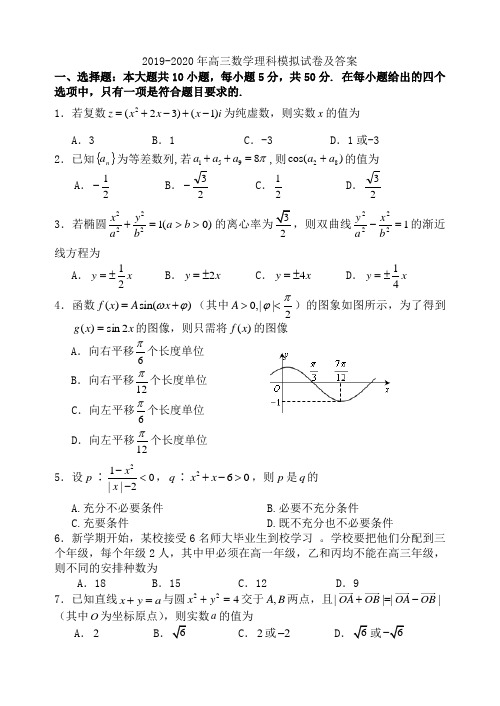 2019-2020年高三数学理科模拟试卷及答案