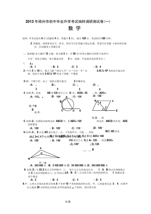 广西梧州2013初中毕业升学考试抽样调研测试(一)试题-数学.