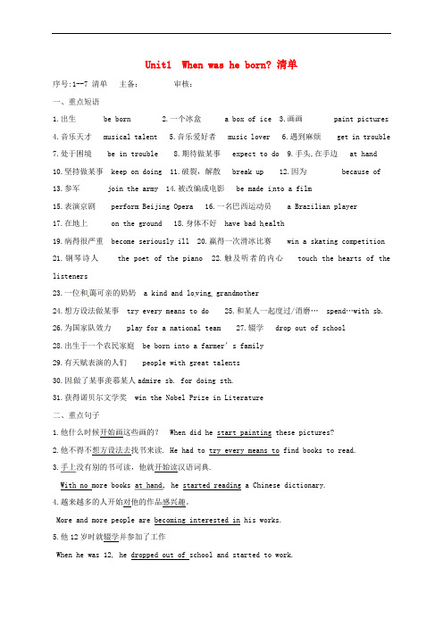 山东省淄博市高青县八年级英语下册 Unit 1 When was he born清单素材 鲁教版五四