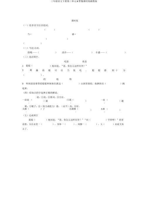 三年级语文下册第三单元9野餐课时练湘教版