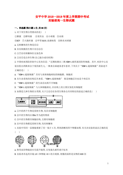 河北省安平中学2018_2019学年高一生物上学期期中试题(实验班)