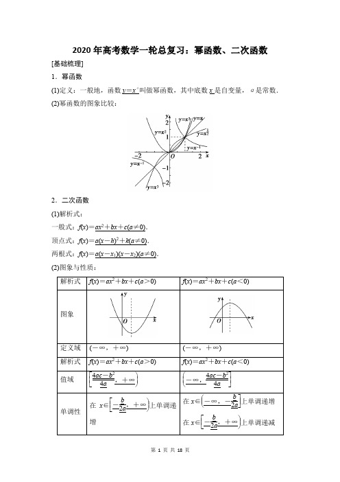 2020年高考数学一轮总复习：幂函数、二次函数