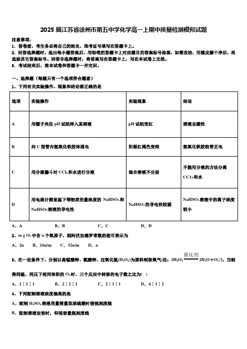 2025届江苏省徐州市第五中学化学高一上期中质量检测模拟试题含解析