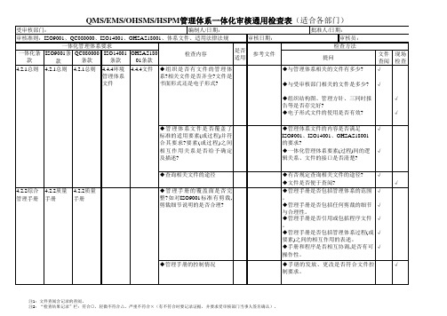 QMS-EMS-OHSMS-HSPM管理体系一体化审核通用检查表(