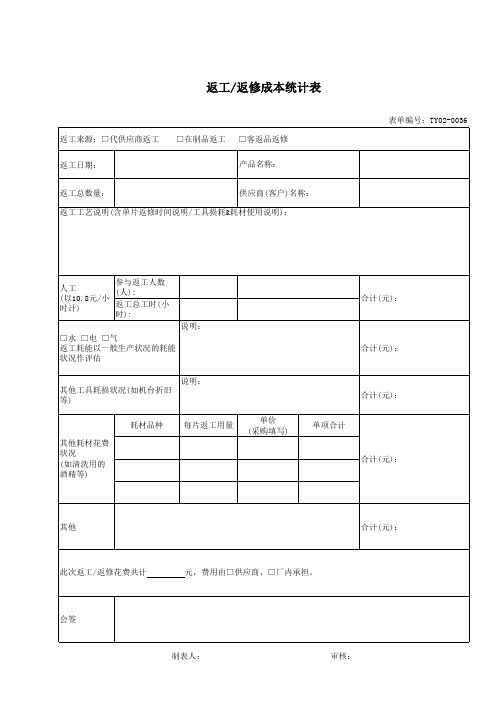 返工返修成本统计表