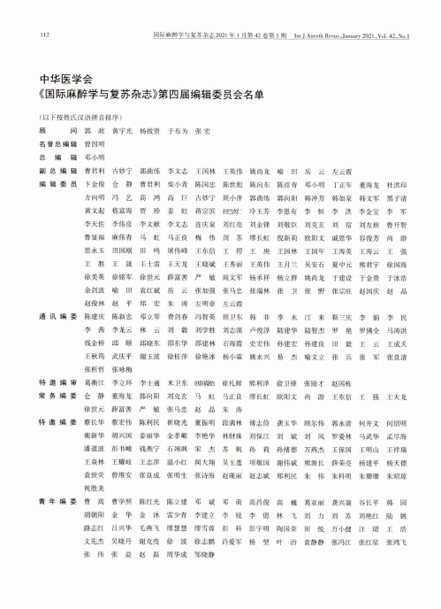 中华医学会《国际麻醉学与复苏杂志》第四届编辑委员会名单