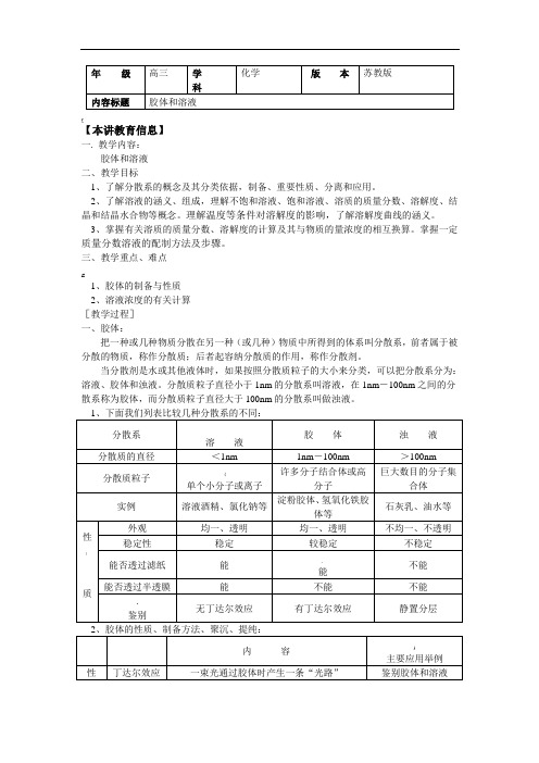 高考第一轮复习——胶体和溶液(学案含答案)