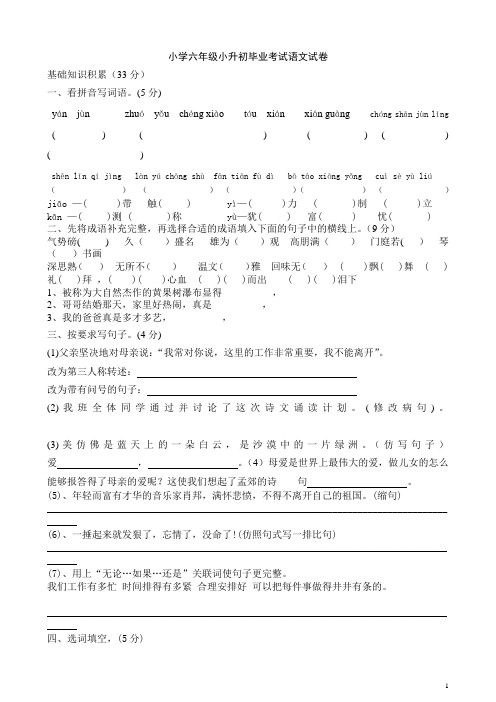 小学毕业质量检测语文试题(含答案)