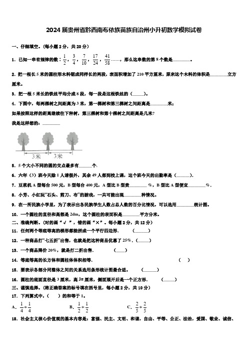 2024届贵州省黔西南布依族苗族自治州小升初数学模拟试卷含解析