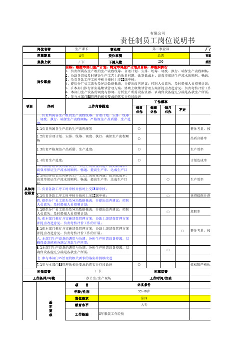 生产课长职位说明书职务说明书岗位说明书