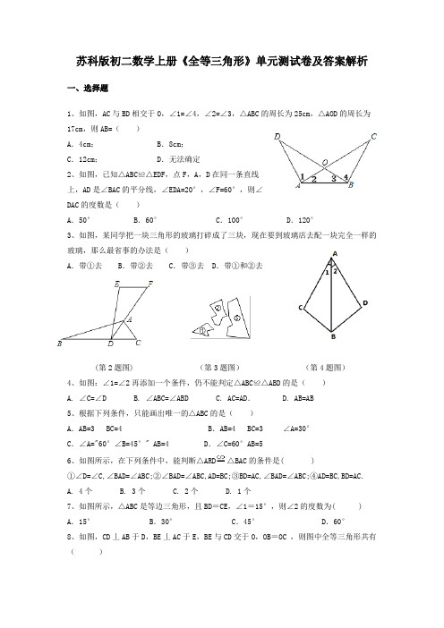 苏科版初二数学上册《全等三角形》单元测试卷及答案解析