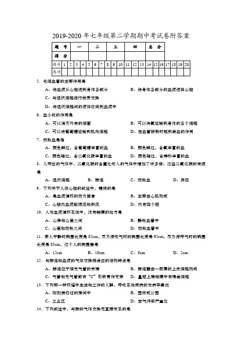 2019-2020年七年级第二学期期中考试卷附答案