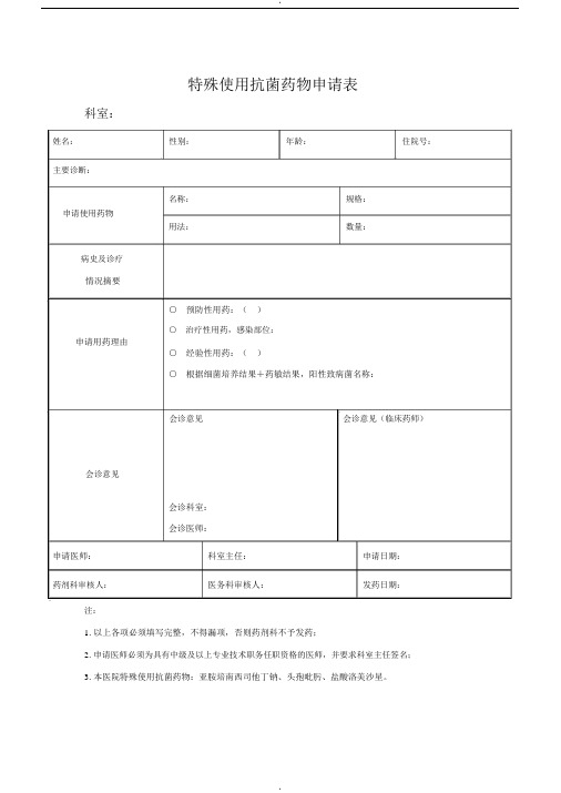 特殊使用抗菌药物申请表